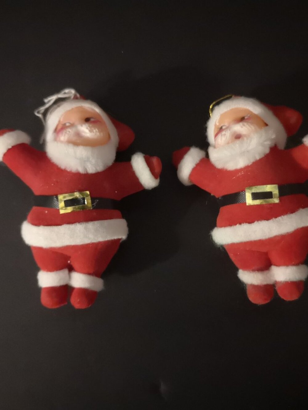 Vintage Kitsch Flocked Mini Plastic Santa Clause Set of 2 Ornaments 3.75" Tall